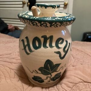 Three Rivers Pottery Handmade Stoneware Honey Pot With a Wooden Dipper